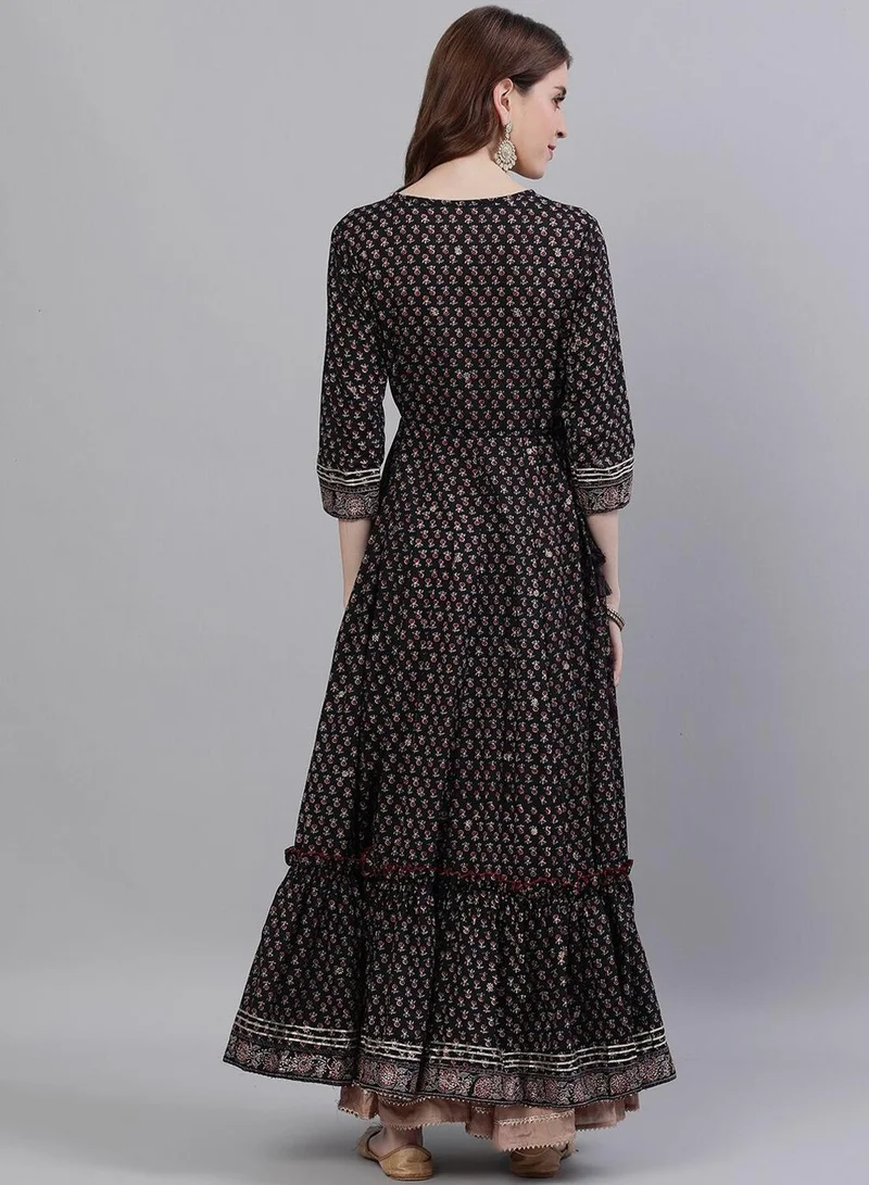 آي شين Women's Black Rayon Embroidered Tunic Straight Fit Kurta