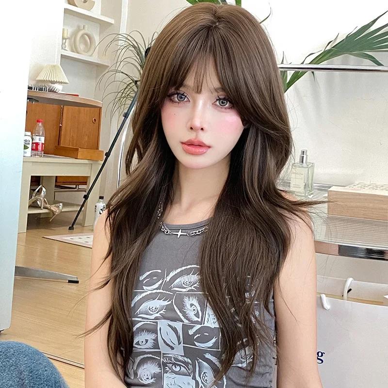 Autumn and Winter new wig women's long curly hair Big Wave Full top wig Chemical Fiber simulation fashion full head cover long hair cross-border(Morandi Brown 63CM) - Image 2