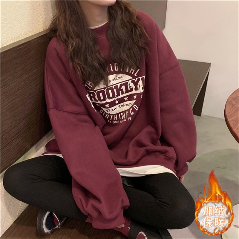 Fleece-lined sweater womens winter hooded coat ins Harajuku style loose student top couple wear casual T-shirt womens clothing 21 wine red fleece-lined