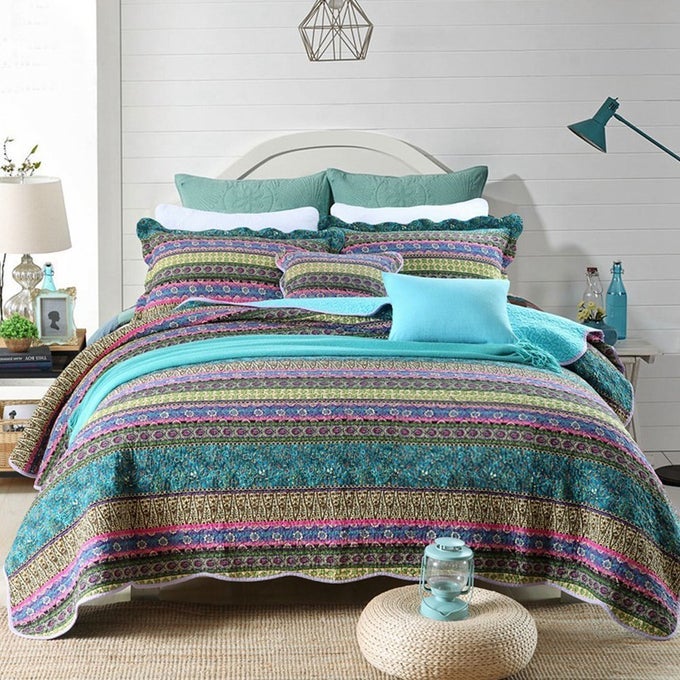 STRIPED JACQUARD STYLE COTTON 3PIECE PATCHWORK BEDSPREAD QUILT SETS KING SIZE