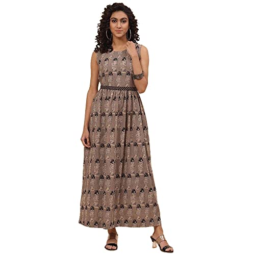 BIBA Women A-Line Maxi Printed Mix and Match Dress (CRAFTED1473_Carbon_38), Black - Image 1