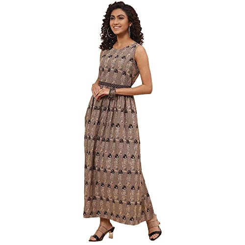 BIBA Women A-Line Maxi Printed Mix and Match Dress (CRAFTED1473_Carbon_38), Black - Image 3