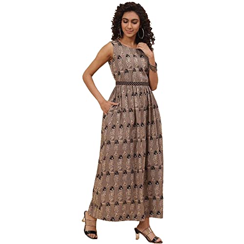 BIBA Women A-Line Maxi Printed Mix and Match Dress (CRAFTED1473_Carbon_38), Black - Image 4