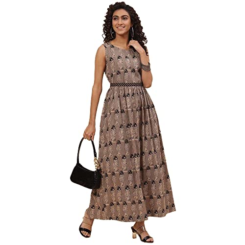 BIBA Women A-Line Maxi Printed Mix and Match Dress (CRAFTED1473_Carbon_38), Black - Image 5