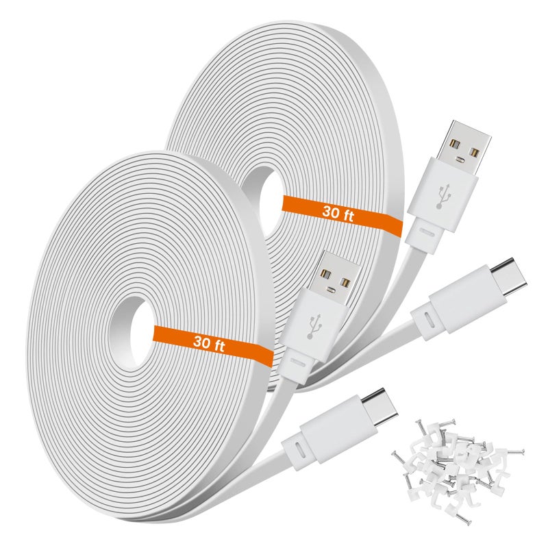 weishan 2-Pack 30ft USB C Power Extension Cable Compatible with Ring Pan-Tilt Indoor Cam 2024 Release & WYZE Duo Cam Pan, Pan V4 2025 Security Camera - 9m Type-C Long Flat Charging Cord for CCTV Cam, White - Image 1