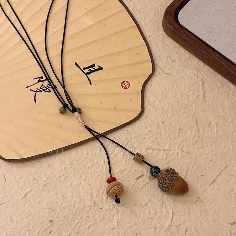 Retro Ceramic Pine Nut Necklace for Women Long acorn ceramic necklace