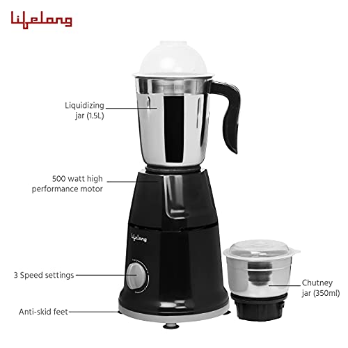 Lifelong Mixer Grinder for Kitchen - 2 Jars 500 Watt - Mixie with Mini Jar for Chutney & Liquidizing Jar used as Wet Grinder & Blender for Milkshake, Smoothie, Puree -Stainless Steel Blades (LLMG93) - Image 4