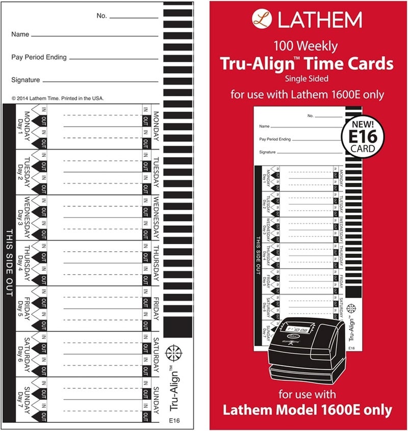 Lathem بطاقات الوقت TruAlign E16 لـ 1600E، أسبوعية، من جهة واحدة، 4" × 9"، بيضاء، علبة من 100، (E16-100) - Image 1