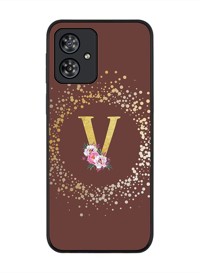 Stylizedd Rugged Black Case for Motorola Moto G54 / Motorola Moto G54 Power / Motorola Moto G64 5G,Custom Monogram Initial Letter Floral Alphabet - V (Brown) - Image 1