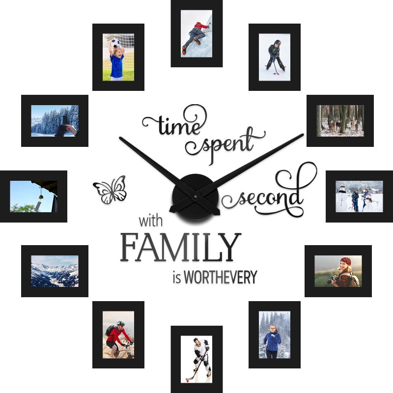 Sratte 3D Large Family Photo Clock Frame Wall Decor, 5 x 3.5 Inch Paper Photo Frame DIY Clock Family Quote Wall Stickers Kit for Home Office Living Room Bedroom Decorations(Black) - Image 1