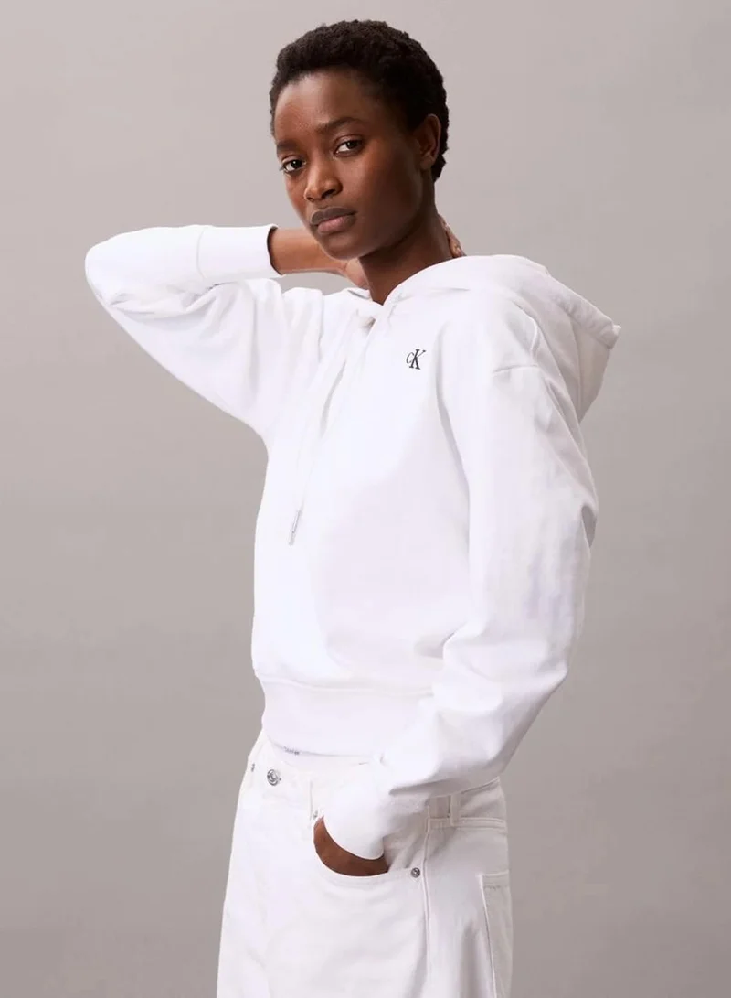 Calvin Klein Bright White Cotton Terry Monogram Hoodie for Women | Best Price UAE