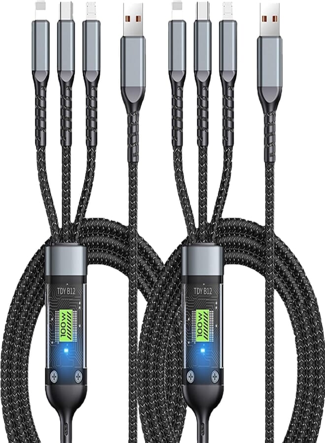 KASTWAVE Multi Charging Cable, Transparent Luminous Multi Charger Cable, Universal 3 in 1 Multiple USB Cable Fast Charging Cord, with Type-C, Micro USB and IP Port for Cell Phones and More (2 Pack)