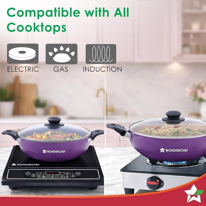 Wonderchef Valencia Non-Stick Kadhai with Glass Lid Cool Touch Bakelite Handles Pure Grade Aluminium| PFOA Free|2 litres Capacity Size 24 cm Kadai 1 Year Warranty Purple - Image 5