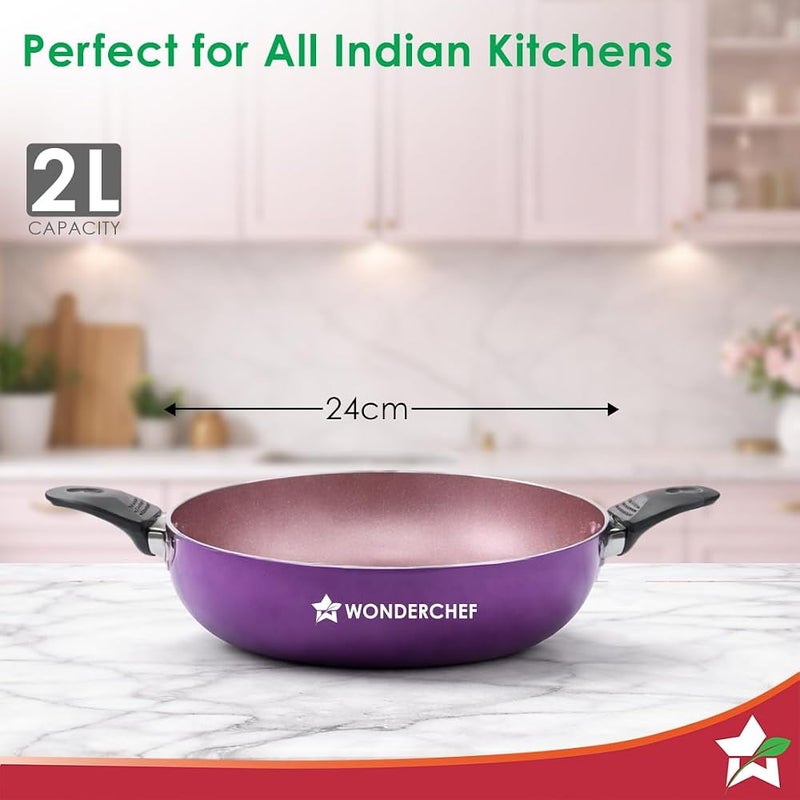 Wonderchef Valencia Non-Stick Kadhai with Glass Lid Cool Touch Bakelite Handles Pure Grade Aluminium| PFOA Free|2 litres Capacity Size 24 cm Kadai 1 Year Warranty Purple - Image 2