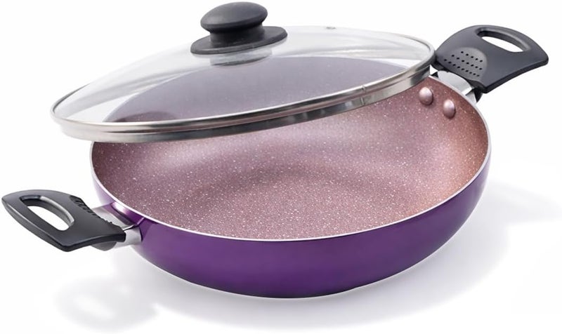 Wonderchef Valencia Non-Stick Kadhai with Glass Lid Cool Touch Bakelite Handles Pure Grade Aluminium| PFOA Free|2 litres Capacity Size 24 cm Kadai 1 Year Warranty Purple - Image 1