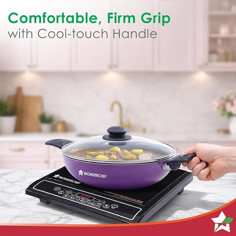 Wonderchef Valencia Non-Stick Kadhai with Glass Lid Cool Touch Bakelite Handles Pure Grade Aluminium| PFOA Free|2 litres Capacity Size 24 cm Kadai 1 Year Warranty Purple - Image 4