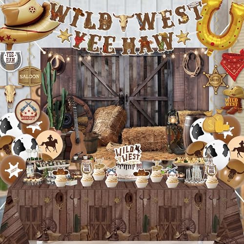 jenlion Western Party DecorationsCowboy Party Decorations For MenWild Weat BannerCow Print Foil BalloonTable ClothWestern Decor For Boys - Image 1
