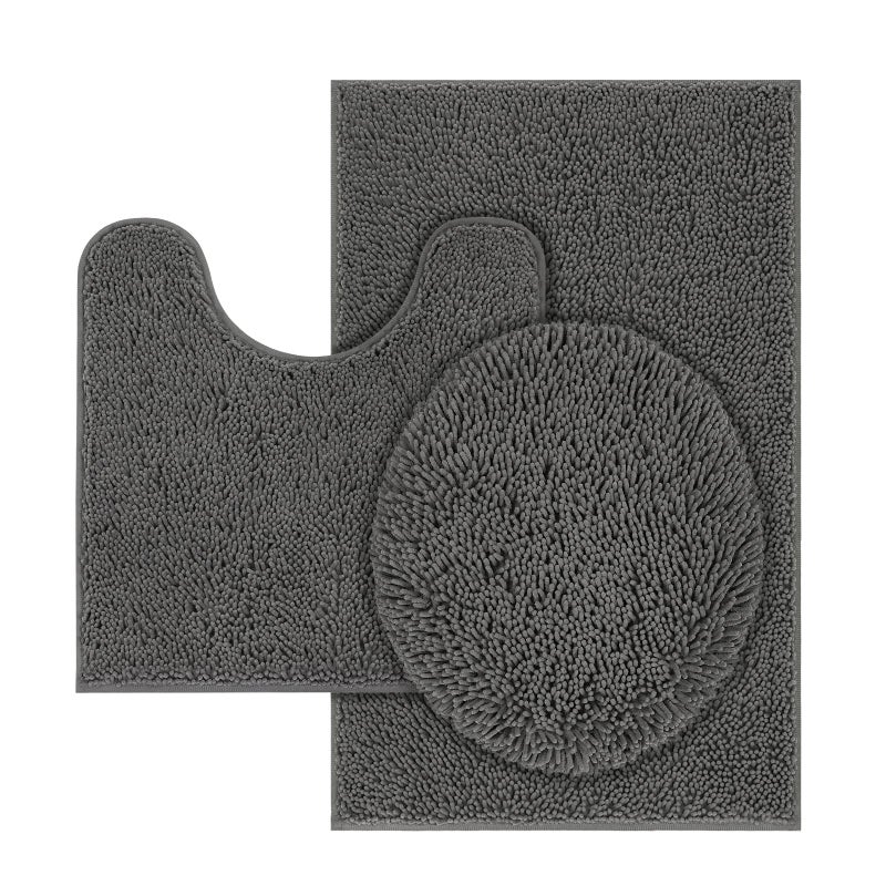 TREETONE Chenille Bath Mat 3 Piece Bathroom Rugs Set 20x20 Inches UShape Contoured Toilet Mat  20x32 Inches Rug  Lid Cover Soft Water Absorbent Rugs for Tub Shower  Bath Room  Charcoal Gray