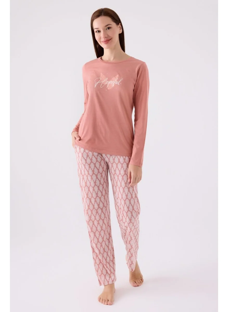 Arnetta Women's Retro Pink Pajama Set, Long Sleeve Round Neck and Pocket Detail