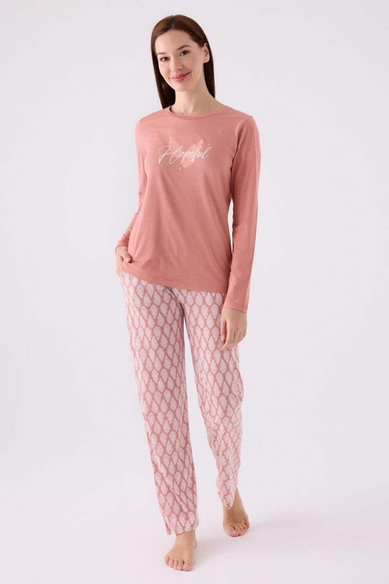 Arnetta Women's Retro Pink Pajama Set, Long Sleeve Round Neck and Pocket Detail - Image 1