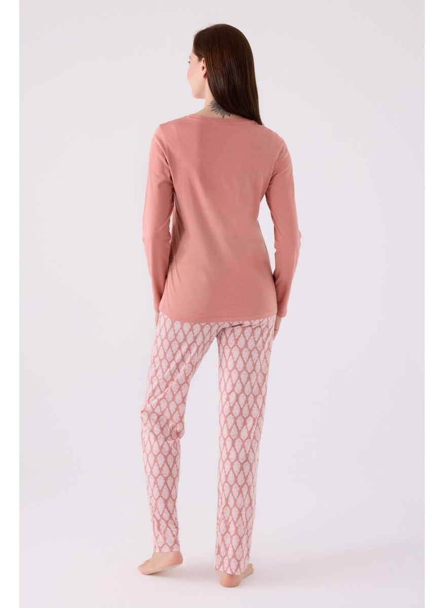 Women's Retro Pink Pajama Set, Long Sleeve Round Neck and Pocket Detail - pzsku/Z429BEF8ABF0969240F2FZ/45/_/1740075667/7763bcf2-5974-4311-a071-0bef672c49c9