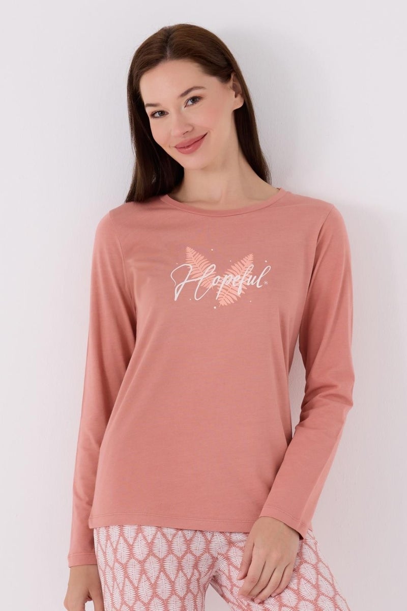 Arnetta Women's Retro Pink Pajama Set, Long Sleeve Round Neck and Pocket Detail - Image 2