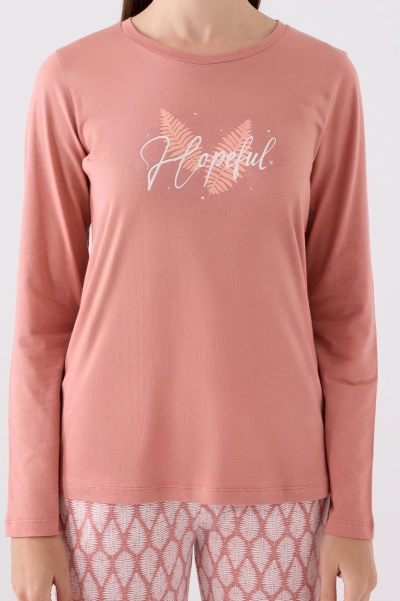 Arnetta Women's Retro Pink Pajama Set, Long Sleeve Round Neck and Pocket Detail - Image 3