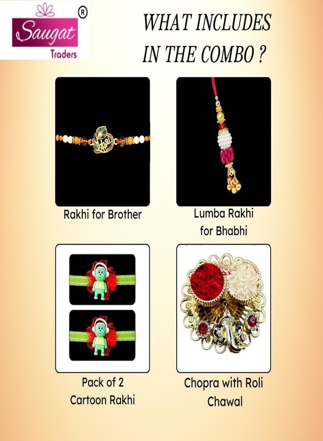 Saugat Traders Rakhi Combo For Bhaiya Bhabhi and Kids - Exclusive Rakhee for Brother - Designer Lumba Rakhi for Bhabhi with Roli Chawal Chopra - Two Rakhis for Kids Set of 4 - Image 2