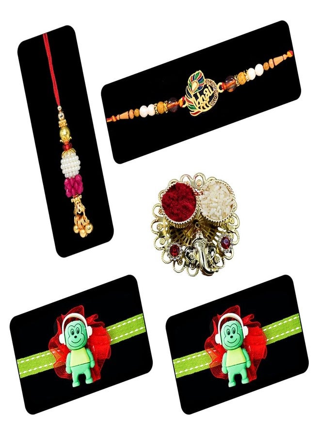Saugat Traders Rakhi Combo For Bhaiya Bhabhi and Kids - Exclusive Rakhee for Brother - Designer Lumba Rakhi for Bhabhi with Roli Chawal Chopra - Two Rakhis for Kids Set of 4 - Image 1