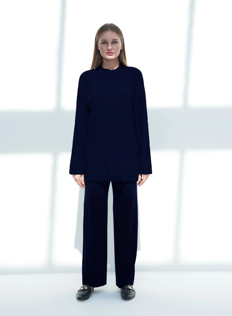 Andy 2316 | Women's Premium Knitwear Two-Piece Set – Long-Sleeve High-Neck Tunic Top with Relaxed Wide-Leg Trousers | Elegant & Versatile Outfit for Everyday Comfort and Style | Navy
