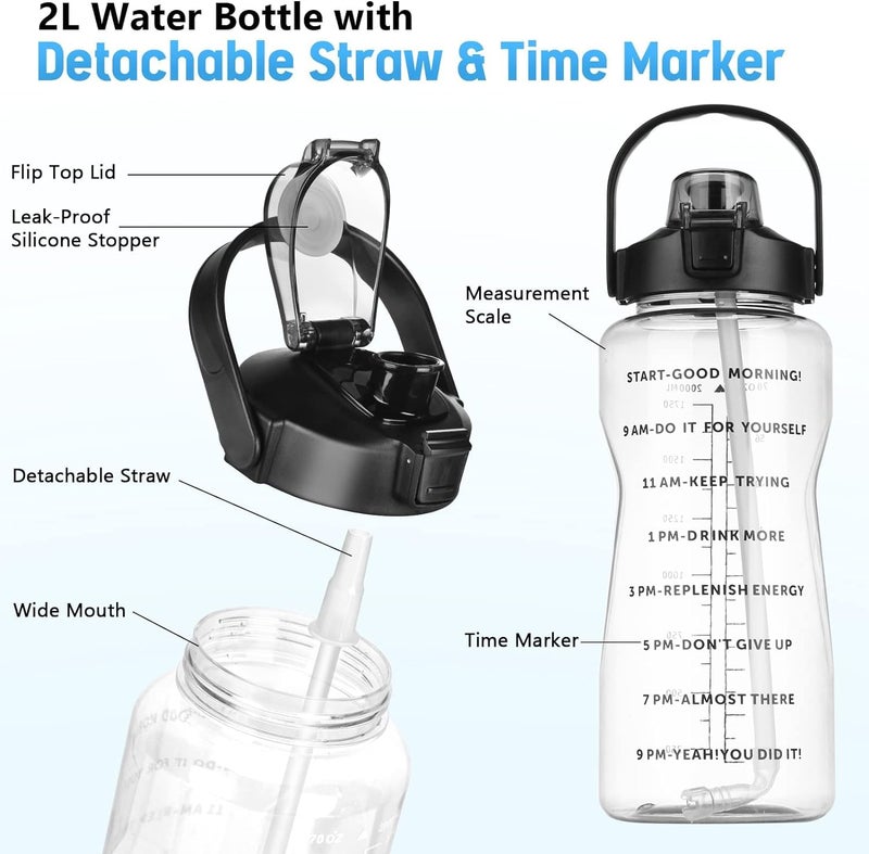 Delzon 2L Water Bottle With Straw And Portable Mouth With Clear ML Marking And Motivational Water Bottle Black Color - Image 2