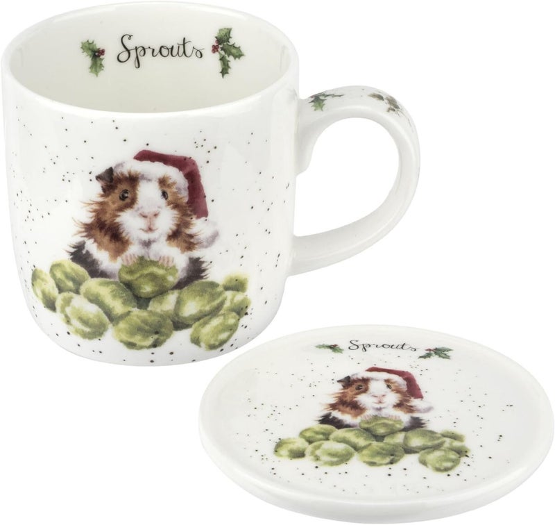 Royal Worcester Wrendale Designs Christmas Sprouts 11 Oz Mug  Coaster Set Fine Bone China Coffee Mug with Guinea Pig in Santa Hat Dishwasher  Microwave Safe  Festive Gift for Animal Lovers - Image 1