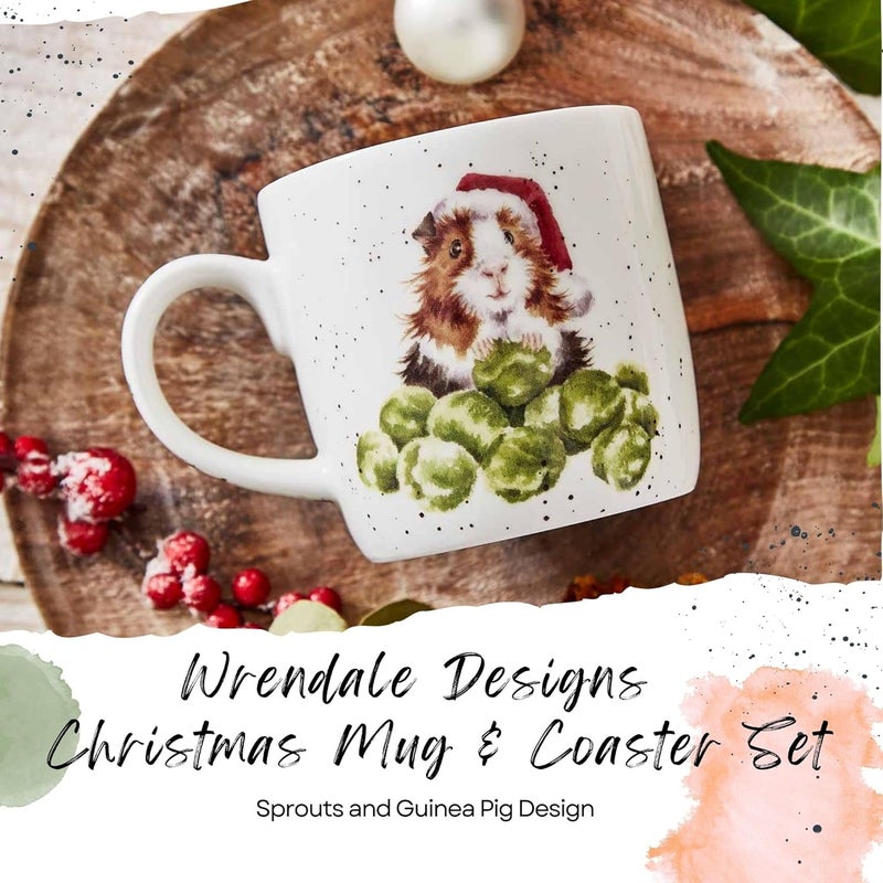 Royal Worcester Wrendale Designs Christmas Sprouts 11 Oz Mug  Coaster Set Fine Bone China Coffee Mug with Guinea Pig in Santa Hat Dishwasher  Microwave Safe  Festive Gift for Animal Lovers - Image 2