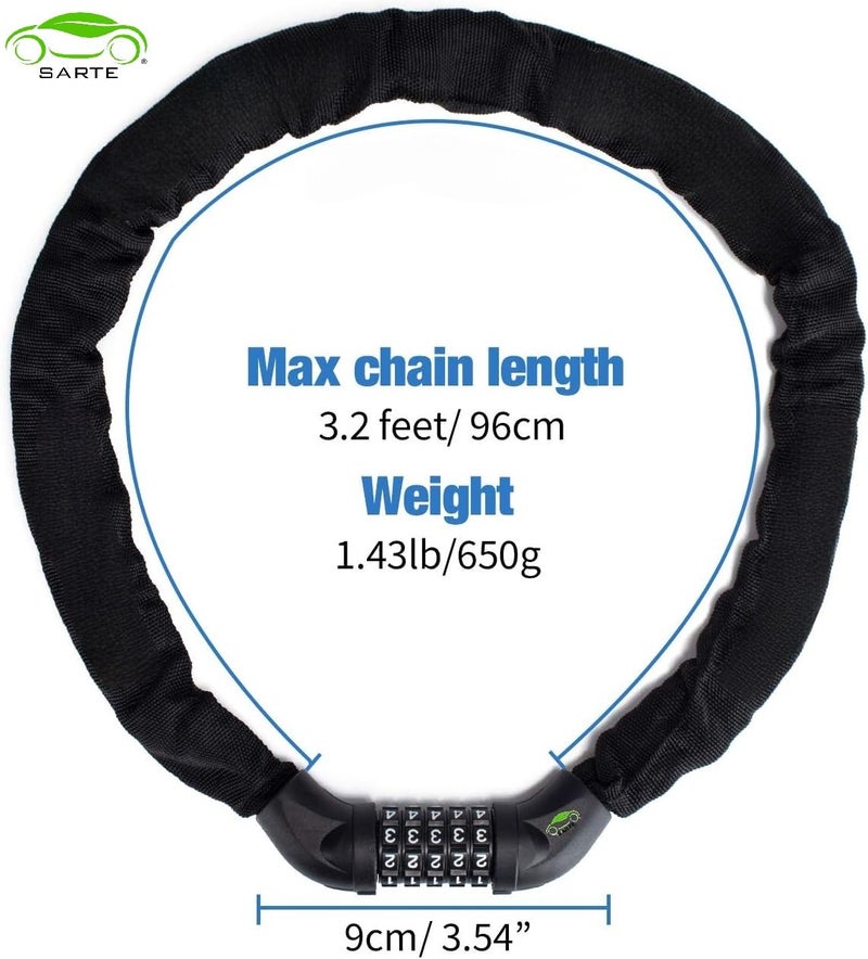 SARTE Chain Lock for Cycle 5-Digit Resettable Bike Helmet Lock Hard Steel Chain Lock for Bike Heavy Duty Cycle Locks for Bicycle with Protective Cloth Sleeve Bike Safety Lock 3.2 FT Long 8mm Thicker - Image 5