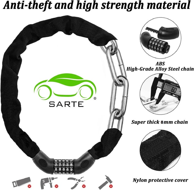 SARTE Chain Lock for Cycle 5-Digit Resettable Bike Helmet Lock Hard Steel Chain Lock for Bike Heavy Duty Cycle Locks for Bicycle with Protective Cloth Sleeve Bike Safety Lock 3.2 FT Long 8mm Thicker - Image 2
