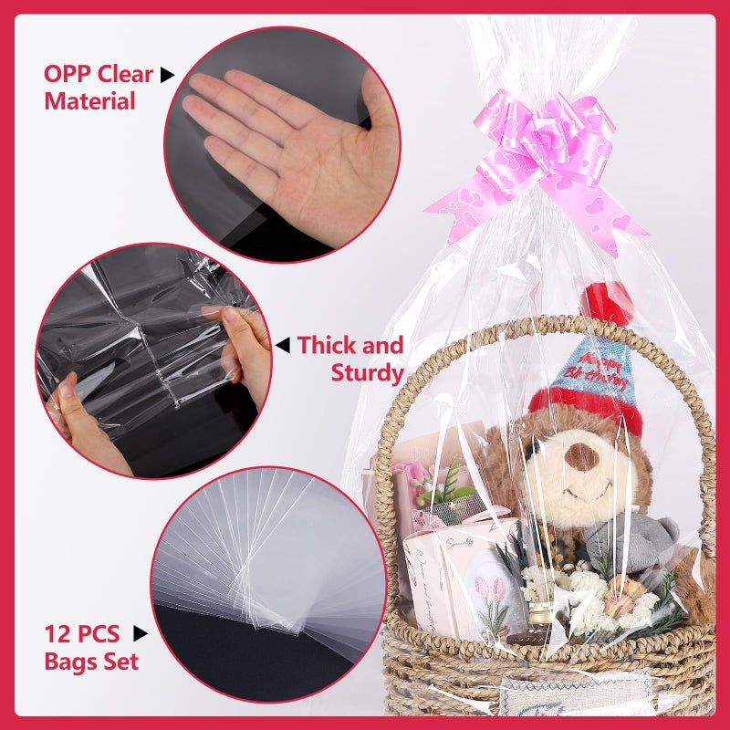 woric 12 Pcs Clear Cellophane Bags 18x30 Inch Cellophane Wrap for Gift Baskets Cello Gift Bags for Easter Basket Stuffers Candy Wedding Party Baby Bridal Shower Wine Bottles Presents - Image 3