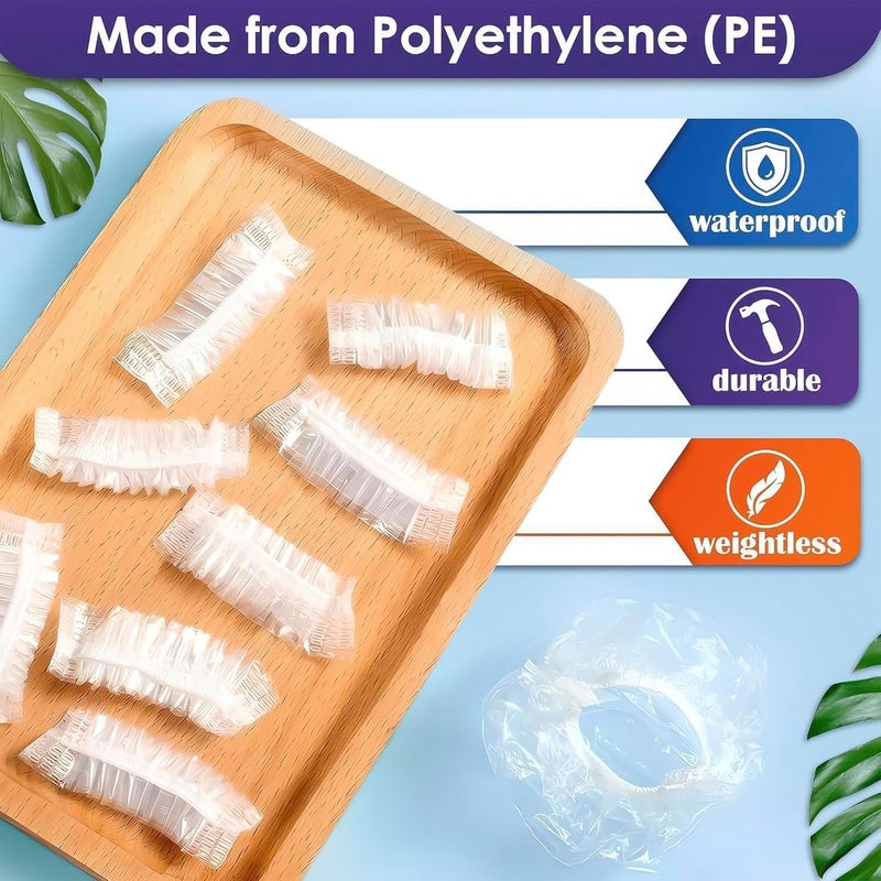 YTM Clear Ear Shower Caps 100Pcs Waterproof Plastic Disposable Covers for Hair Dye, Bathing, Salon, Spa, Swimming, Hotel, Home Use Comfortable Fit, Clear Water Barriers for Adults and Kids, Transparent - Image 3