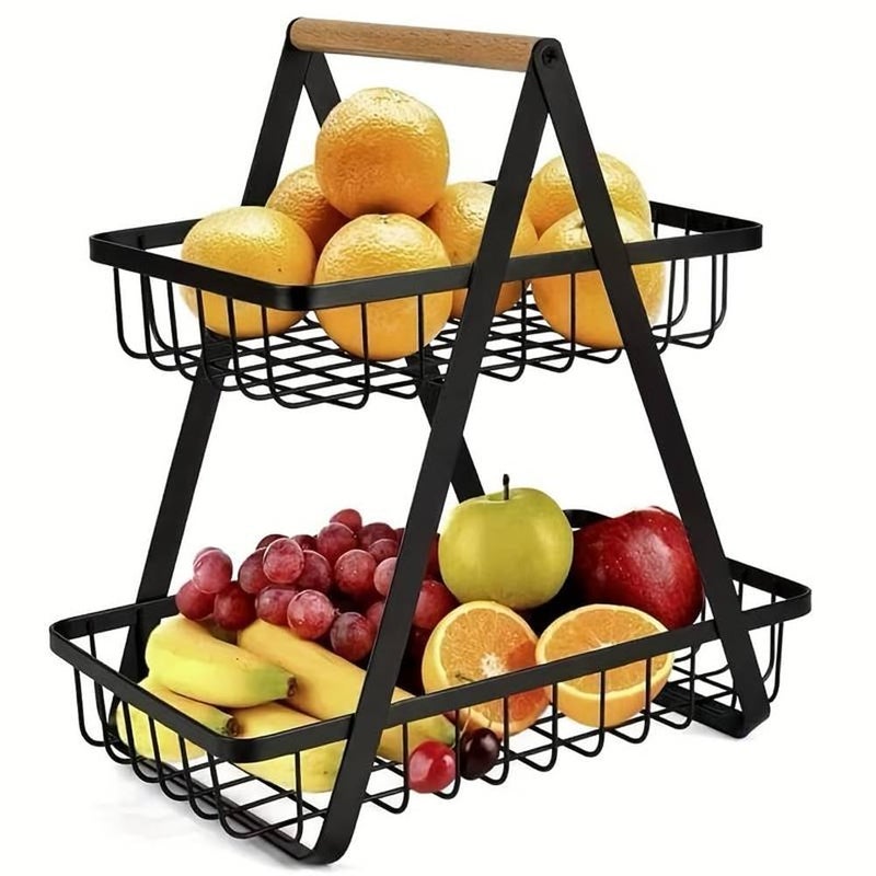 Evona 2Tier Metal Storage Basket With Wooden Handle Countertop Fruit Basket Bowl Kitchen Storage for Fruit Snacks Vegetables Living Room Desktop Storage Rack - Image 1
