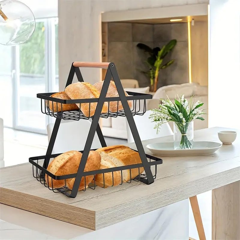 Evona 2Tier Metal Storage Basket With Wooden Handle Countertop Fruit Basket Bowl Kitchen Storage for Fruit Snacks Vegetables Living Room Desktop Storage Rack - Image 4