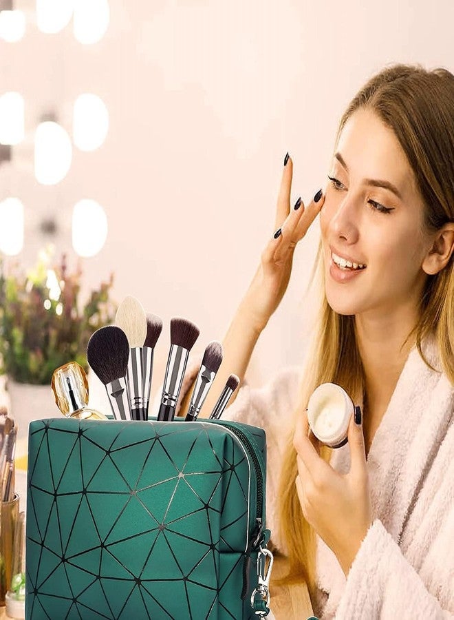 SuneshCreation Sunesh Creation Large Capacity Cosmetic Travel Bag, Women's Makeup Travel Bag Portable Leather Cosmetics Bag, Makeup Storage Bags with Handle and Divider, Makeup Bag - Green - Image 2