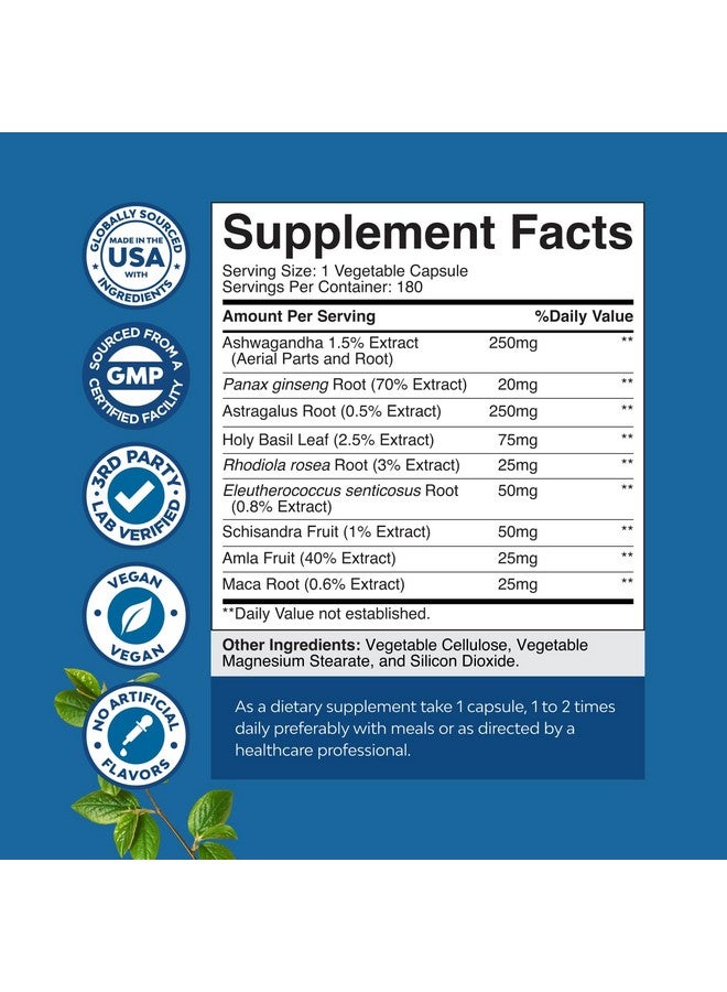 Natures Craft Herbal Adaptogen Mood Support Supplement - Calming Adaptogens Supplement for Stress & Cortisol Management with Ashwagandha Rhodiola Rosea & Maca Root - Vegan Non GMO & Daytime Friendly -180ct - Image 4