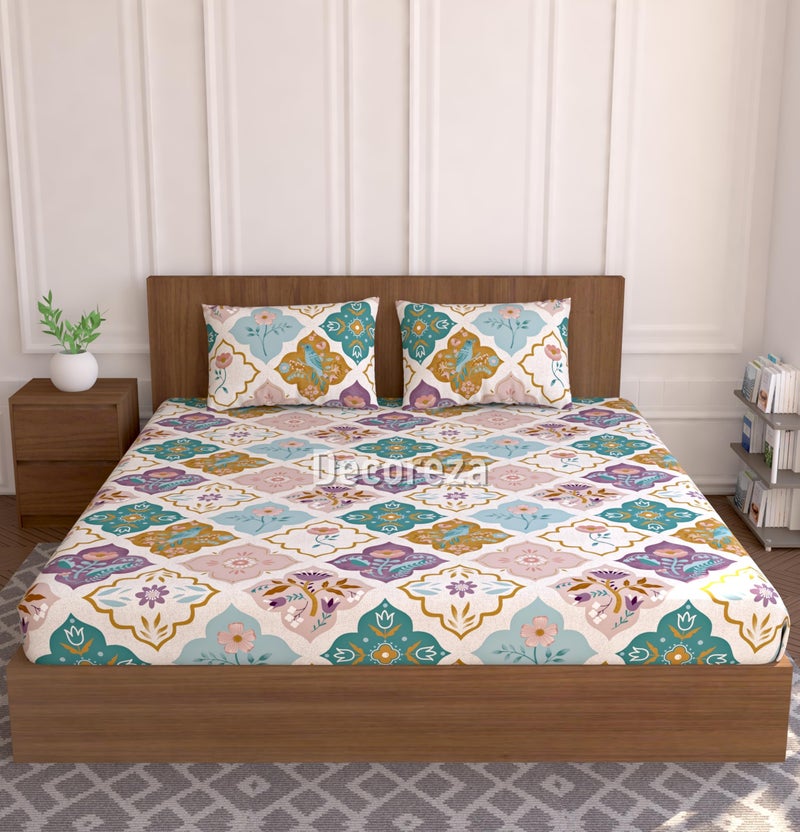 DECOREZA 350 TC King Size Elastic Fitted Bedsheet with Deep Pocket Cotton Feel Bed Sheet for Double Bed, Soft, Breathable & Wrinkle-Resistant, Includes 2 Pillow Covers, Size - 72"x78" Cascade - Image 2