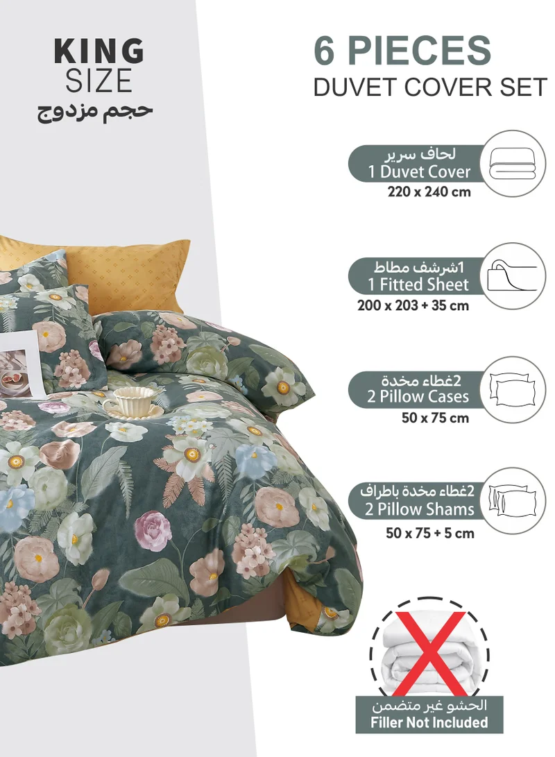 Donetella Printed Duvet Set, King Size 220x240 cm - 6-Pcs Bed Set, Microfiber Fabric - 1 Duvet Cover, 1 Fitted Sheet, 2 Pillow Shams, 2 Pillowcases (Filler Not Included)