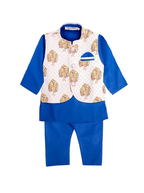 superminis Cotton Boys Solid Color Kurta Set With Printed Fancy White Base Jacket (Blue, 6-12 Months) - Image 1