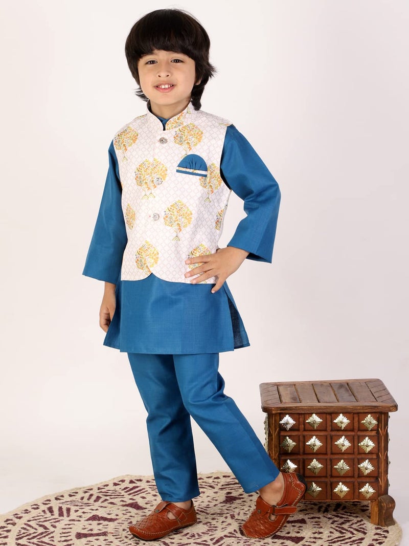 superminis Cotton Boys Solid Color Kurta Set With Printed Fancy White Base Jacket (Blue, 6-12 Months) - Image 4