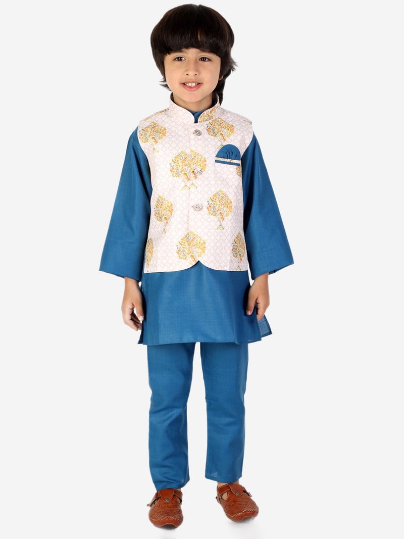 superminis Cotton Boys Solid Color Kurta Set With Printed Fancy White Base Jacket (Blue, 6-12 Months) - Image 2