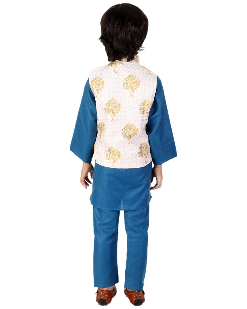 superminis Cotton Boys Solid Color Kurta Set With Printed Fancy White Base Jacket (Blue, 6-12 Months) - Image 3