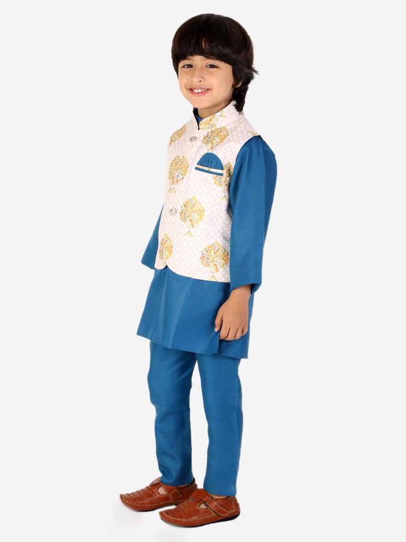 superminis Cotton Boys Solid Color Kurta Set With Printed Fancy White Base Jacket (Blue, 6-12 Months) - Image 5