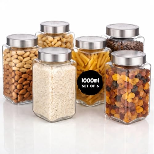 SILIVO Glass Square Shape Jars with Steel See-Through Lid [Set Of 6, 1000ml] - Airtight Kitchen Storage Glass Containers for Kitchen Pantry, Snacks, Masala, Pickles, Dry Fruits & Coffee Beans - Image 1