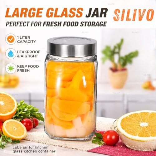 SILIVO Glass Square Shape Jars with Steel See-Through Lid [Set Of 6, 1000ml] - Airtight Kitchen Storage Glass Containers for Kitchen Pantry, Snacks, Masala, Pickles, Dry Fruits & Coffee Beans - Image 5